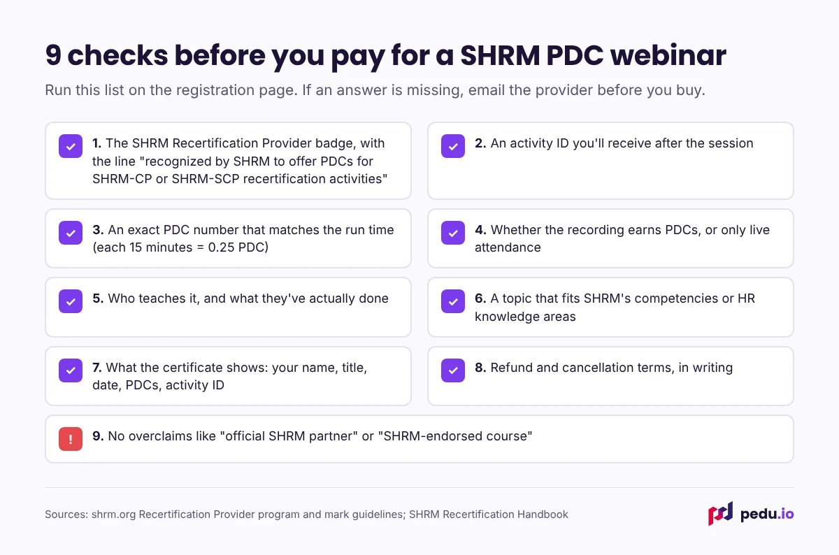 Nine checks to make before buying a webinar that offers SHRM PDCs.